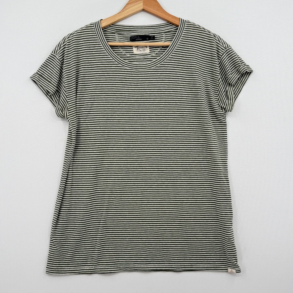Prana Striped Tee Women Medium Green White Hemp Blend Short Sleeve Crew Neck